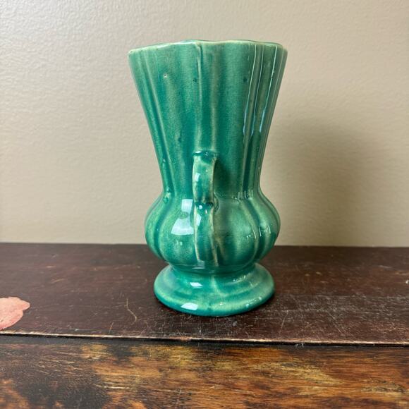 Vintage 40s 50s 60s McCoy Green Blue Turquoise Teal Double Handle Urn Vase - Picture 4 of 9